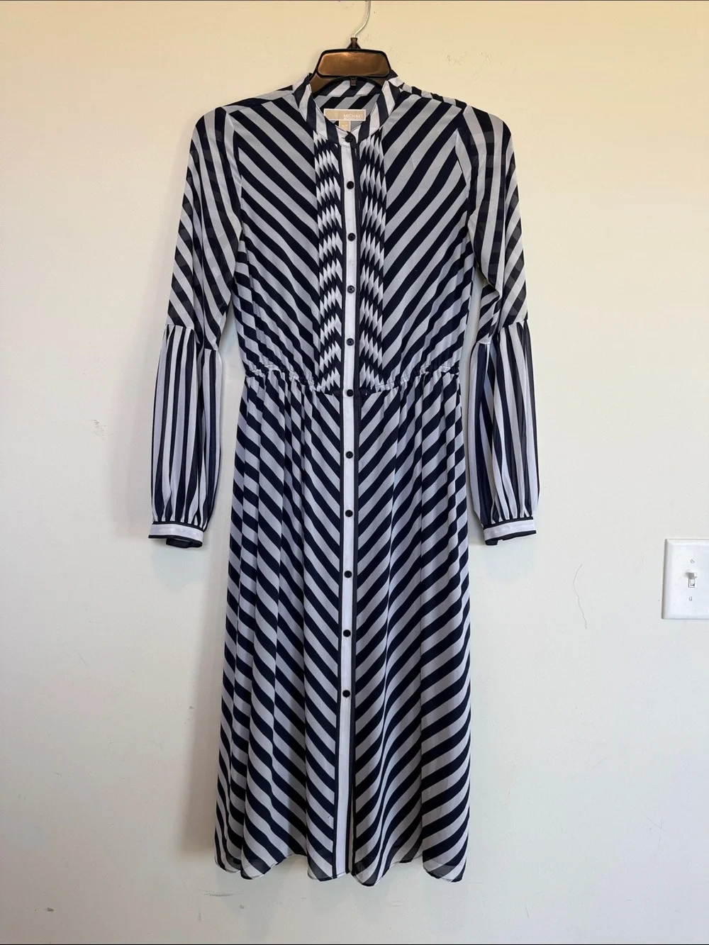 Michael Kors Navy and White Long-Sleeve Striped Midi Dress